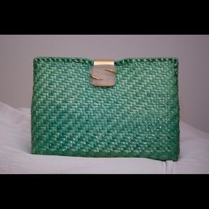 Vintage Green Rodo Italy Glazed Straw Clutch Purse